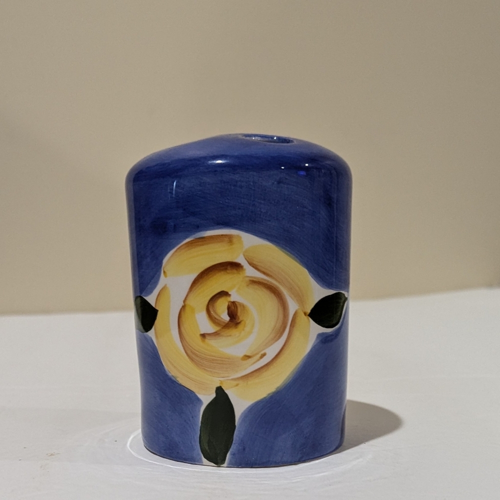 NEW Blue Ceramic Toothbrush Container with Yellow Rose Design